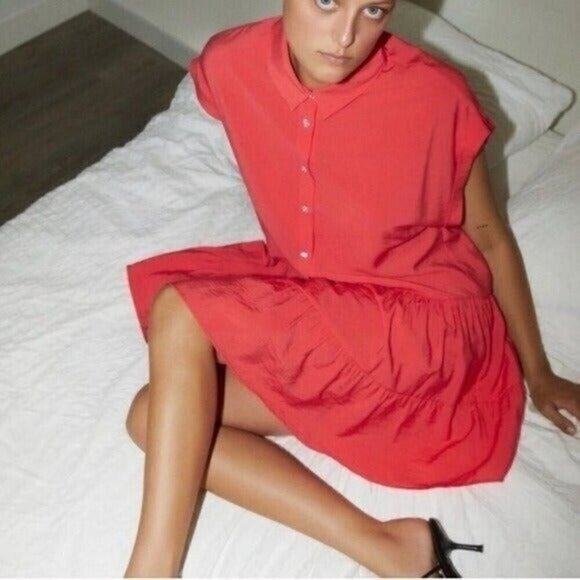 ZARA Button Down Coral Mini Shirt Dress Viscose Short Sleeve Size XL NEW - Picture 1 of 10